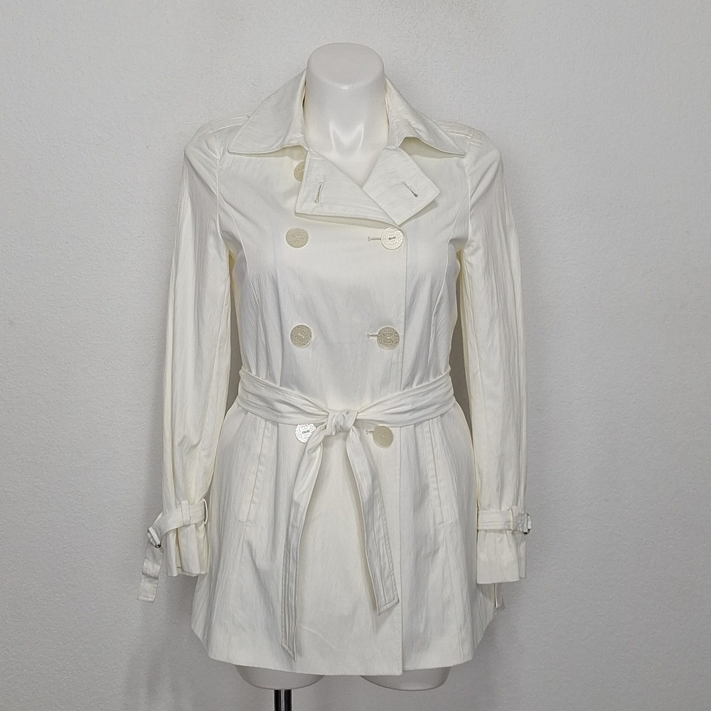 Tahari White Double Breasted Preppy Old Money Belted Trench Coat Size M